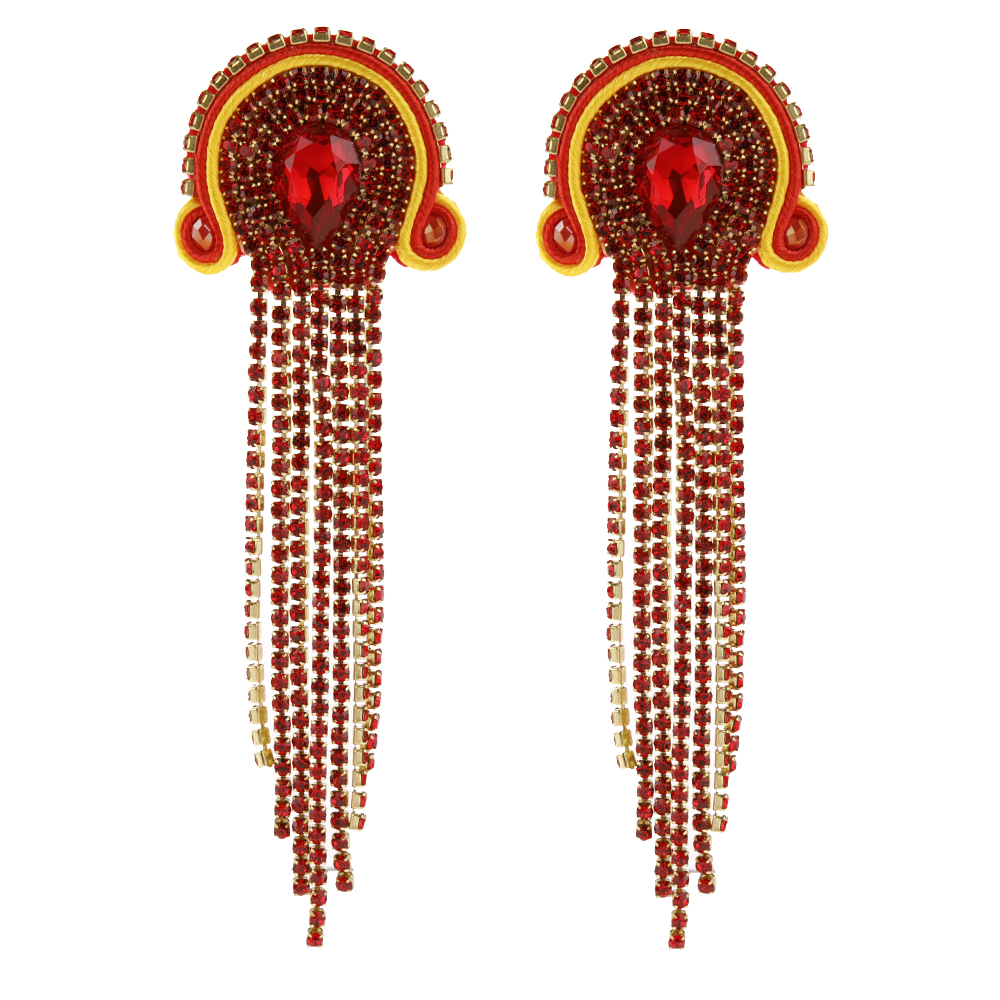 KPacTa Handmade Weaving Soutache Vintage Full Crystal Long Tassel Earrings For Women Temperament Earring Banquet: red