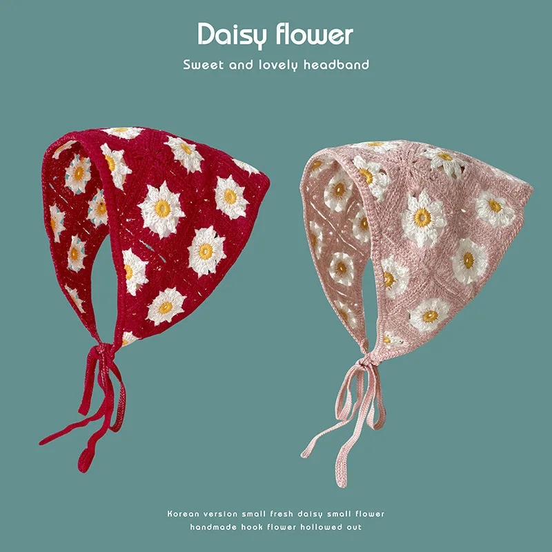 Lenço triangular feito à mão crochê malha bandana para mulheres retro bonito e doce pequena margarida cinta com bandana