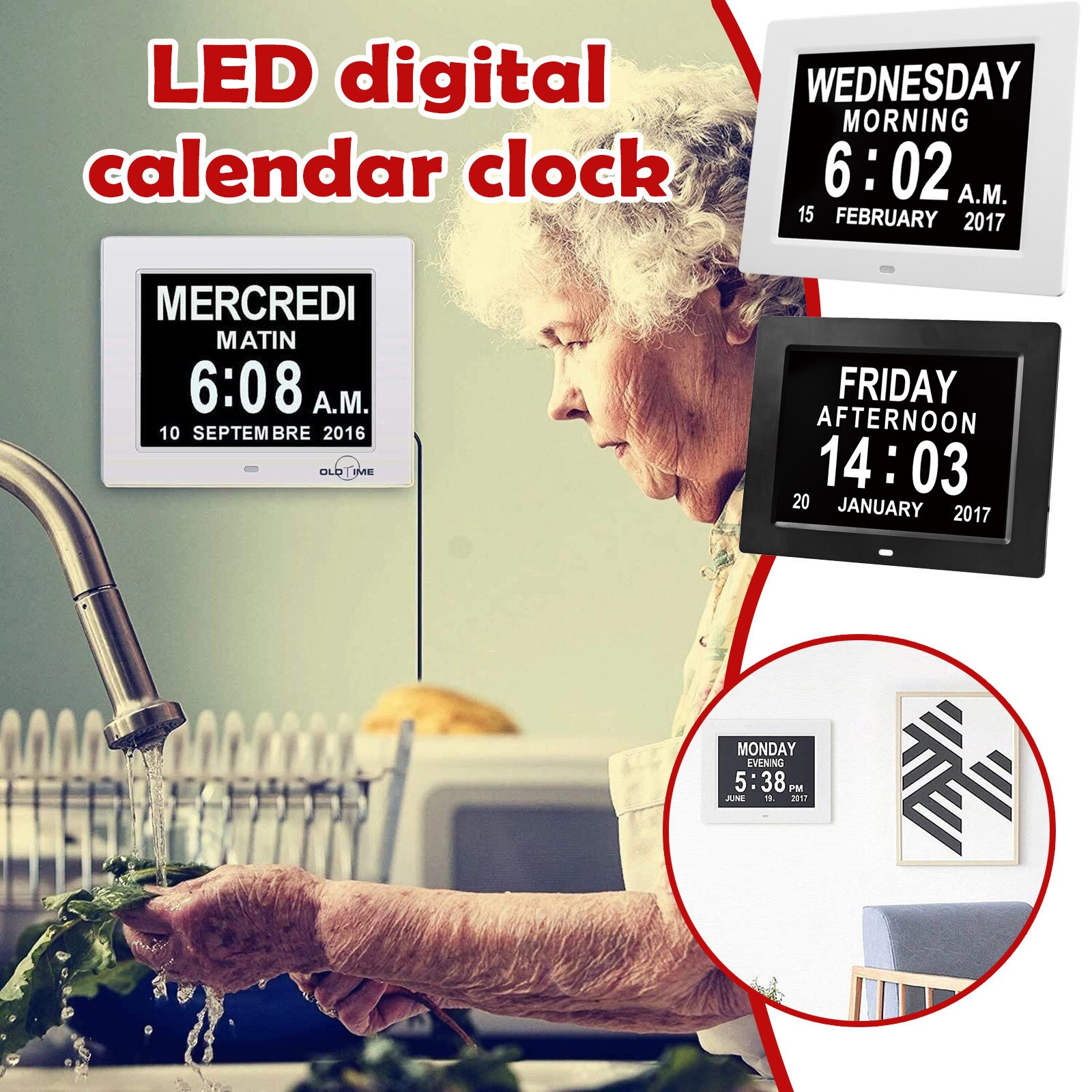 8in LCD Digital Calendar Clock with Date LED Digital Alarm Clock Backlight Snooze Mute Calendar Clock with Date,Day and Time