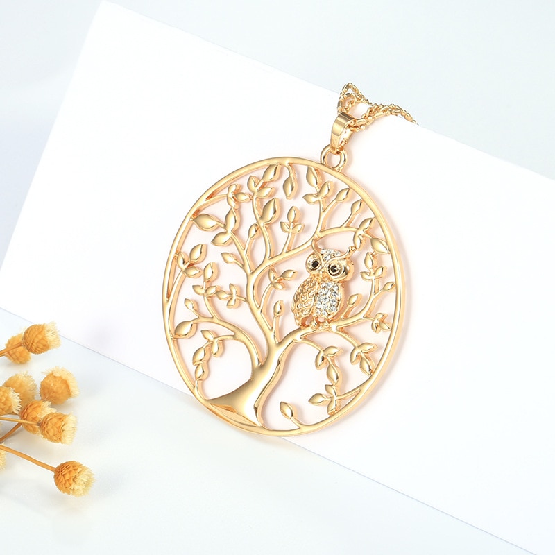 Gold Tree of life Owl Necklace Big Round Pendant Long Chains Sweater Necklace For Women Statement Jewelry Classic Collier