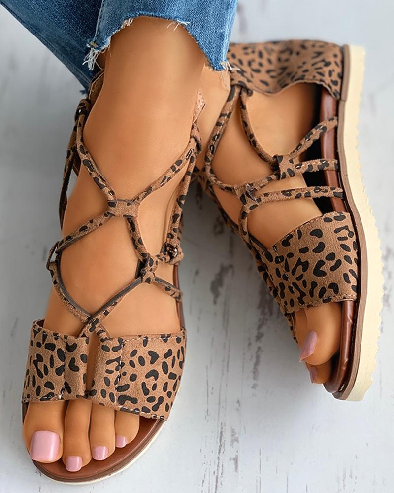Sommer kvinner gladiator korss glipper flokk leopard semsket skinn gepard med åpenn tå mønster utskjæringe lys såle roma fritidssko damer