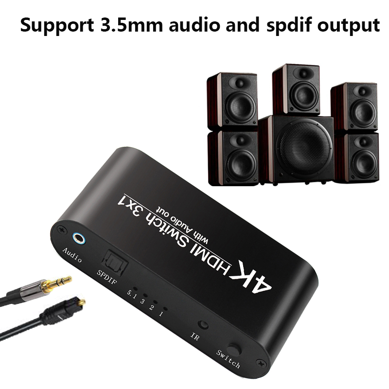 Conmutador HDMI 3x1 con Extractor de Audio salida óptica Toslink compatible con conmutador HDMI 4K 3D 1080P con Control remoto