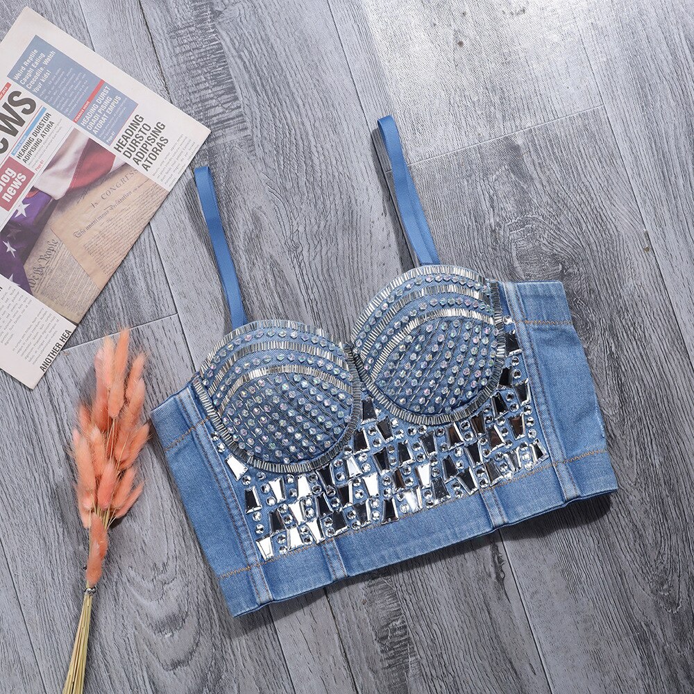 Europese Amerikaanse Nail Vormige Halter Riem Vest Netto Rode Wear Ondergoed Stadium Kostuum Gestreken Boor Denim Corset Sexy Vrouwen