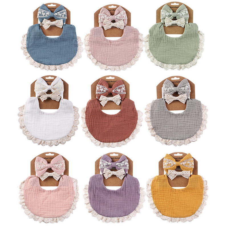 Babyvoeding Kwijl Bib Kant Hoofdband Set Zachte Katoen Speeksel Handdoek Burp Doek Voeden Kwijlen Slabbetjes Schattige Kinderen Haar Accessoires