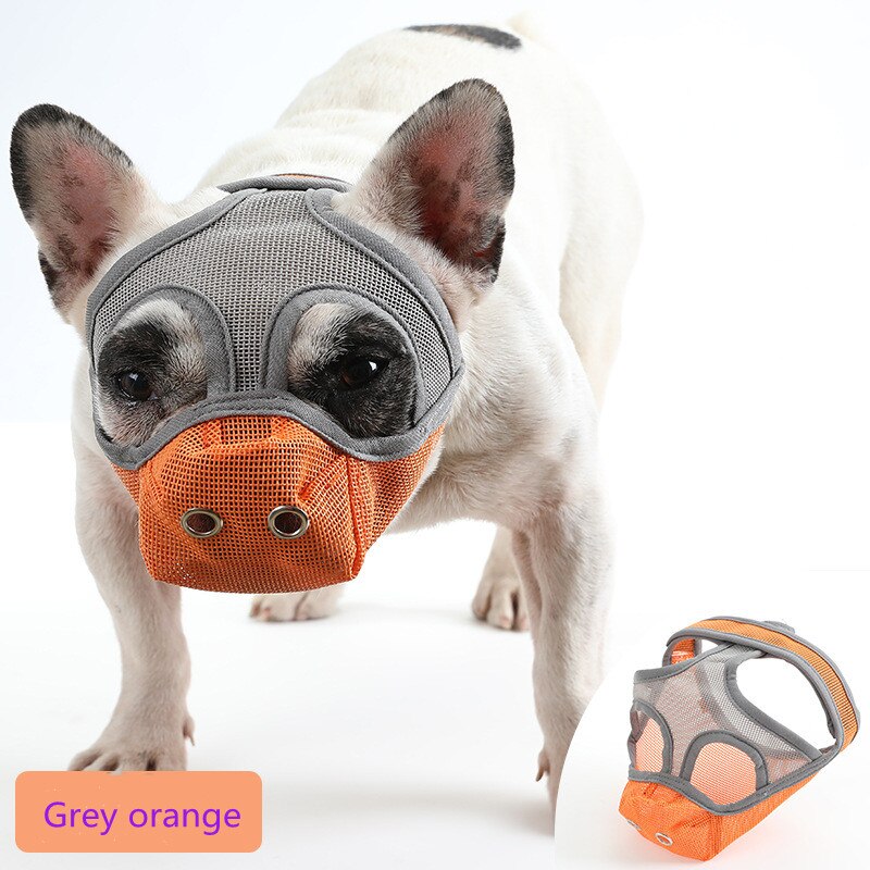 Bulldog Mouth Set Flat Face Dog Anti-bite Mask pet Comfortable and Breathable Dog Muzzle Adjustable Dog Muzzle Supplies: Grey orange / S