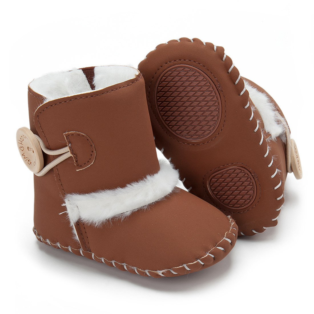 Baby Winter Knoppen Snowboots Warme Schoenen Anti-Slip Pluche Jongen Meisjes Enkellaarsjes Pasgeboren Baby Wieg Laarzen Zapatos bebe: brown / 7-12month (12CM)