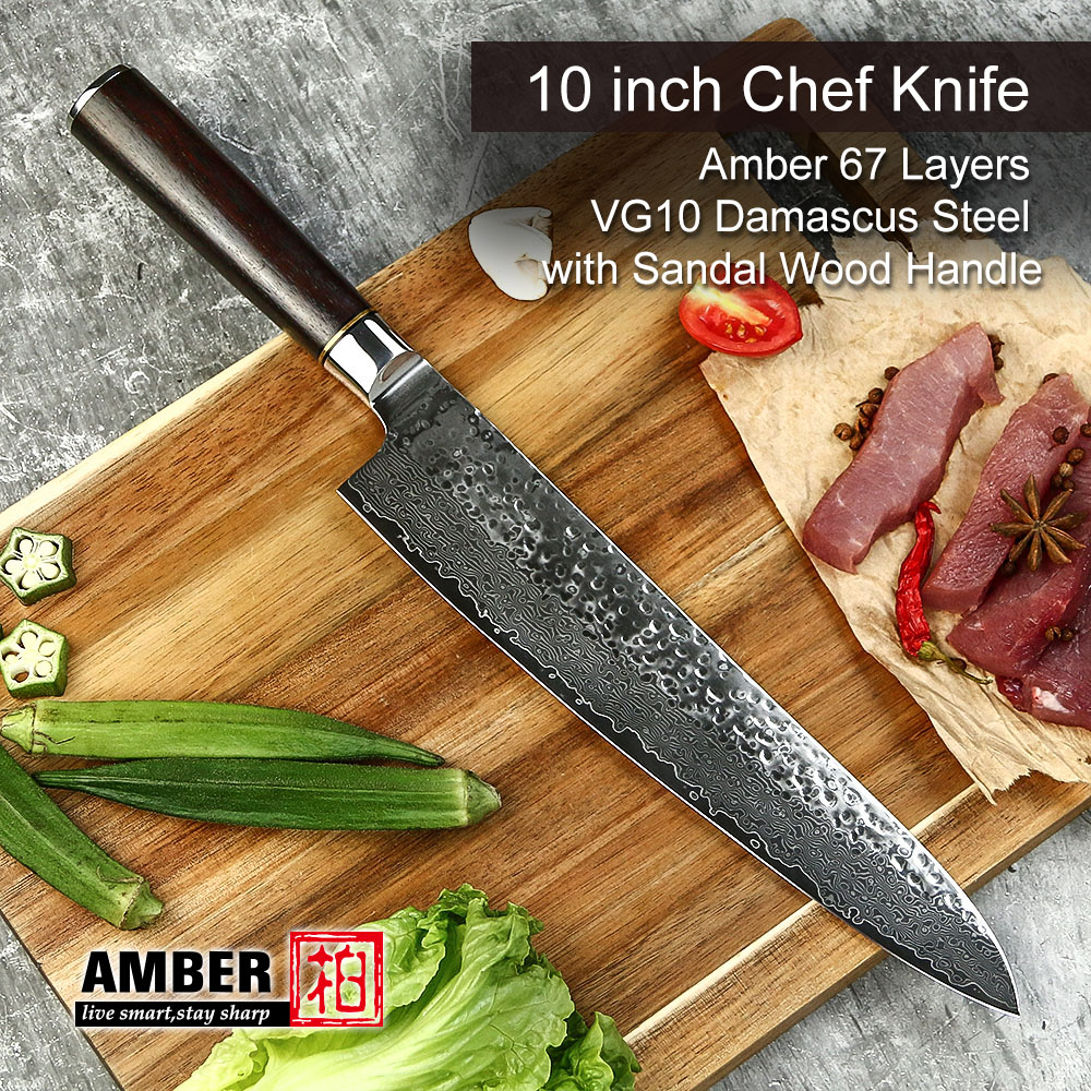 AMBER 10 inch Chef Knife 67 Layers VG10 Damascus Knife High Carbon Stainless Steel Forged Knives for Kitchen