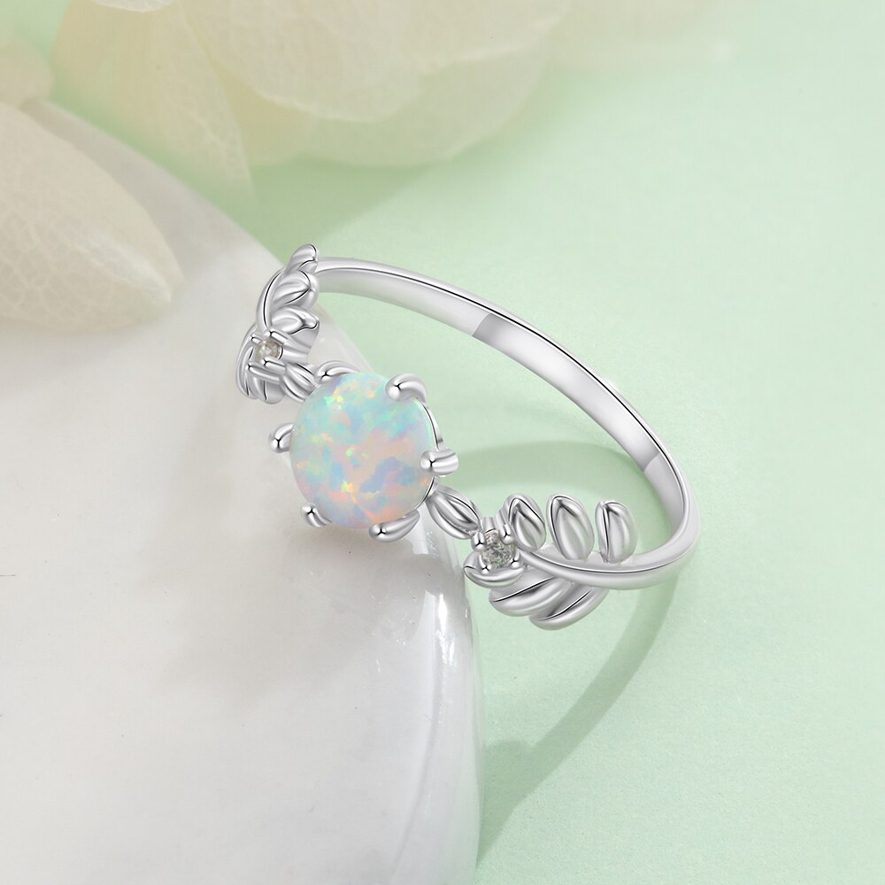 JewelOra Nette Ast Blatt 925 Sterling Silber Hochzeit Ringe für Frauen Silber Runde Weiß Opal Ring mit Zirkonia Schmuck