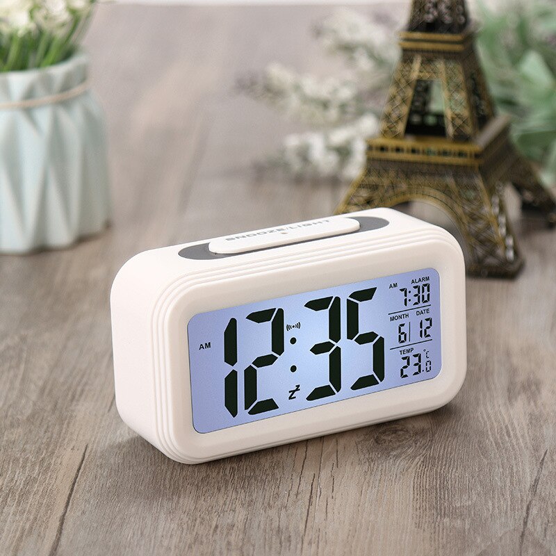 LED Digital Desk Clock Snooze Wake-up Alarm Clock Backlight Temperature Calendar Smart Table Clock Home Office Decor: White