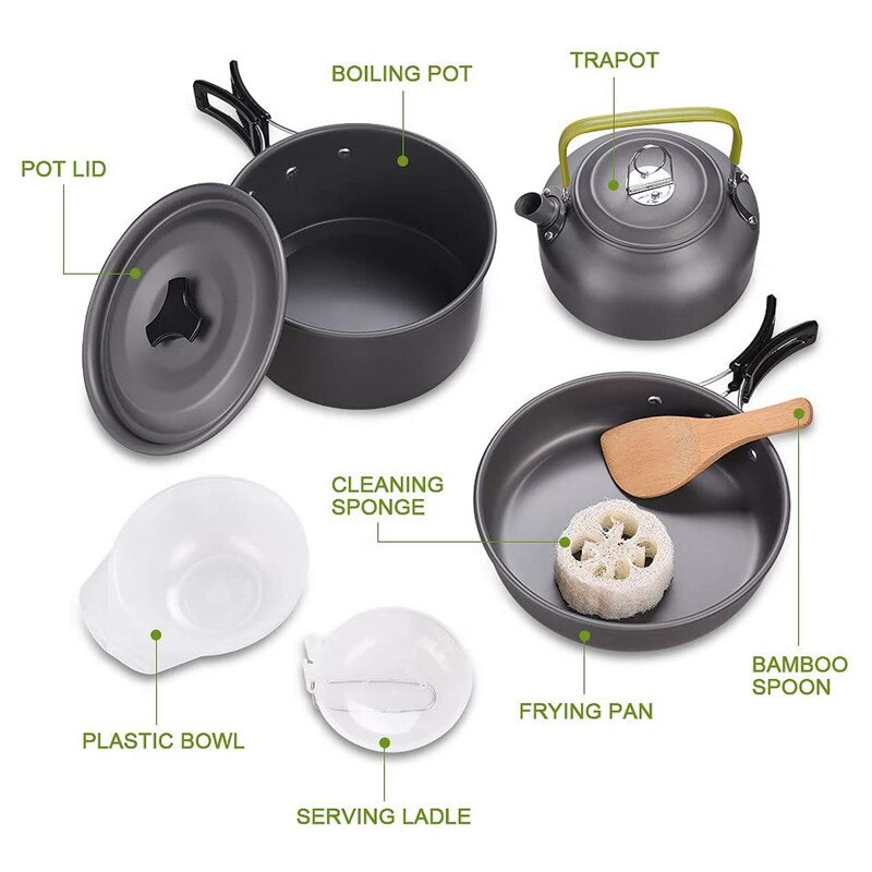 Camping Cookware Kit Outdoor Aluminum Cooking Set Water Kettle Pan Pot Bowl Travelling Hiking Picnic BBQ Tableware Equipment