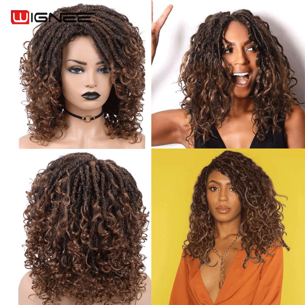 Wignee court bordeaux synthétique perruques tressage Crochet torsion pour les femmes noires Faux locs Dreadlock redoute fibre américaine cheveux perruque: Ombre Brown