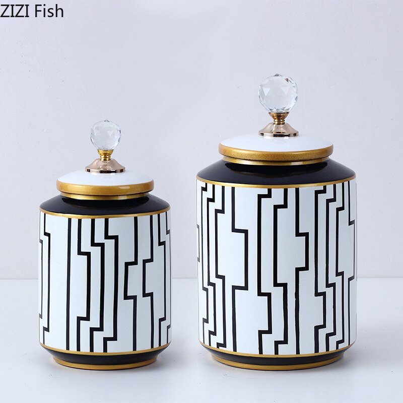 Tarros de porcelana con tapa de cristal, recipiente de té, olla de caramelo, tanque de almacenamiento de cerámica, decoración de escritorio, tarros de almacenamiento de rayas geométricas