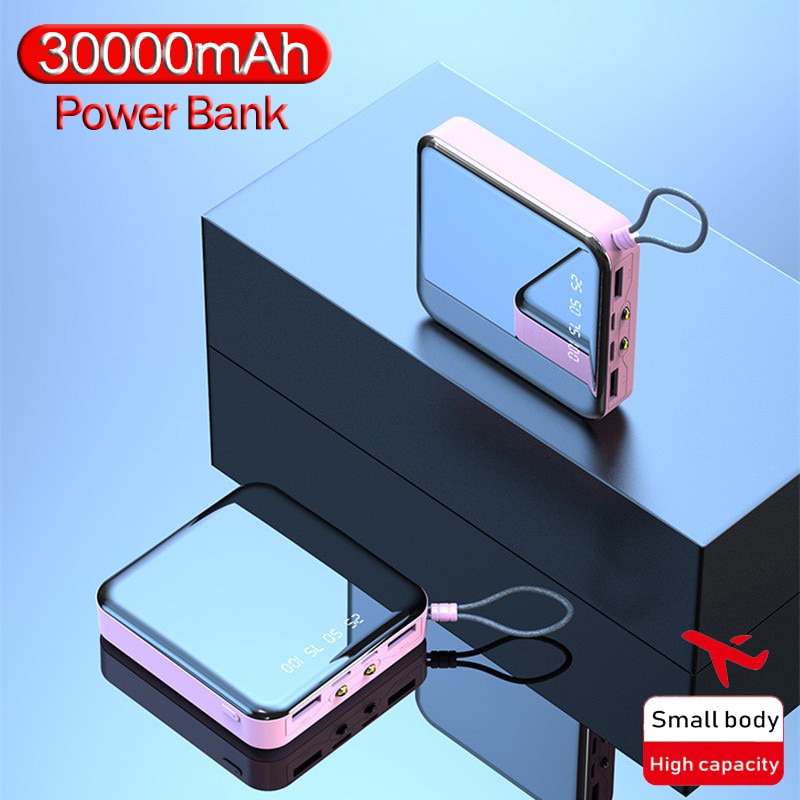 30000mAh Power Bank Mini Mirror Screen Portable Phone Charger LCD Digital Display Dual LED Lighting USB Powerbank for Smartphone