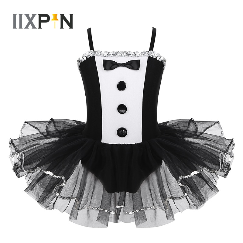 Girls Tuxedo Look Tutu Ballet Dance Costume Sequins Trimming Gymnastics Leotard Ballet Mesh Tutu Dress ballerina dress kids Girl
