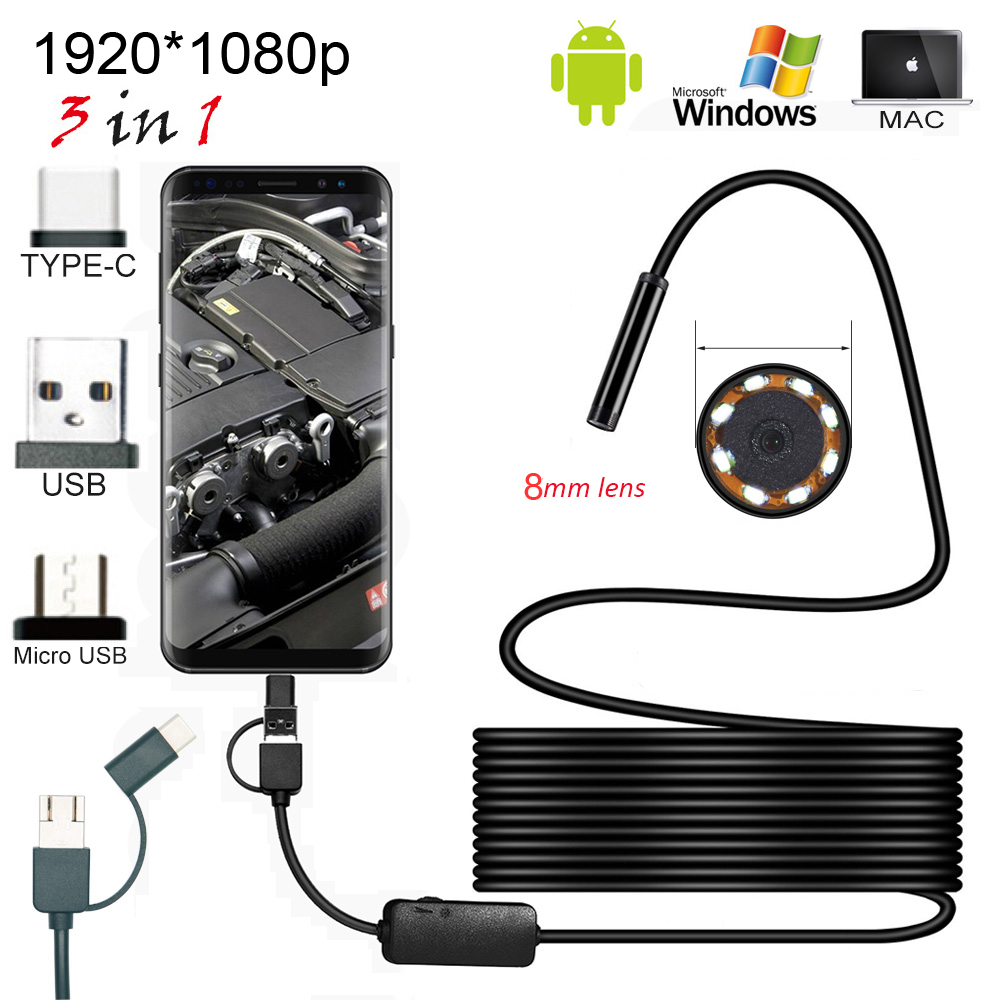 8.0mm Endoscoop Camera 1080P HD USB Endoscoop met 8 LED 1/2/5M Kabel waterdichte Inspectie Borescope voor Android PC