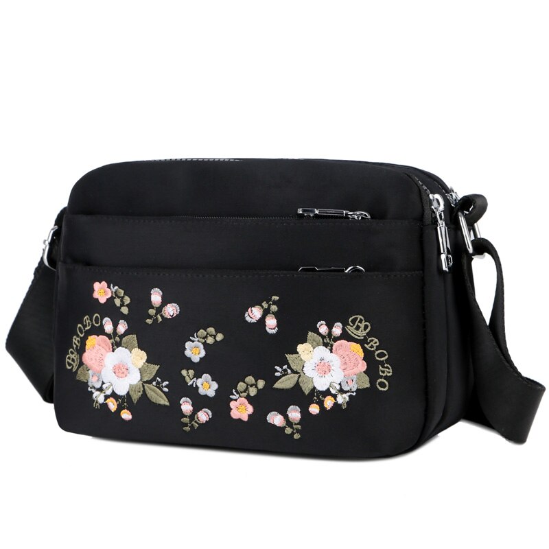 Luxe Bloem Schoudertas Vrouwen Kleine Nylon Tote Top-handvat Reizen Crossbody Tas Borduren Messenger Bags: Black