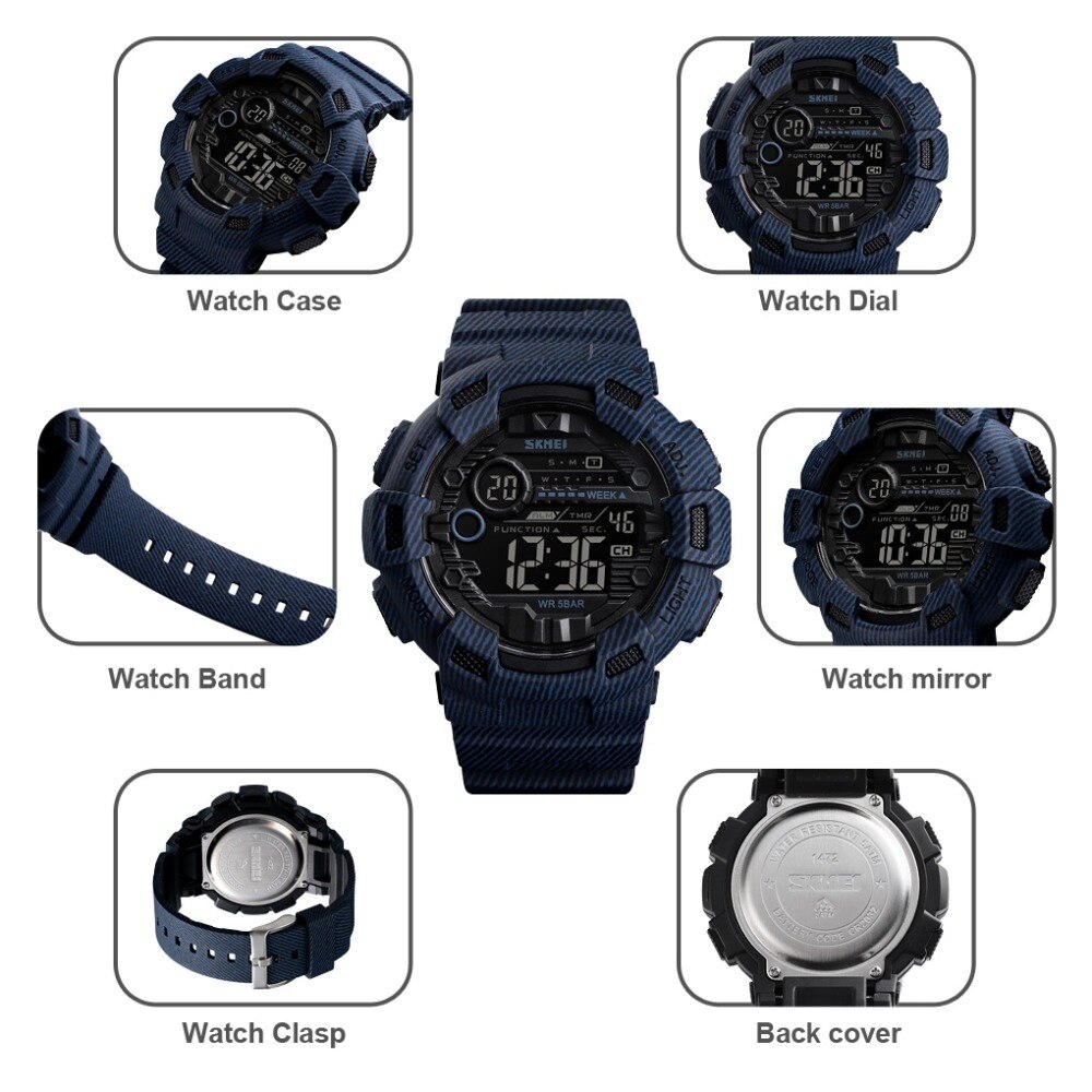 Sport Horloge Mannen Wekker 5BAR Waterdicht Week 12/24 Uur Display Herenhorloges Denim Mannelijke Digitale Horloge Relogio Masculino