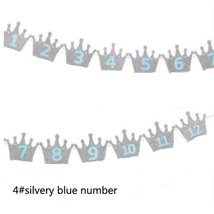 Gouden/zilveren kroon feestvlag 1e verjaardag wimpel bel slinger banner wimpel decoratie diy bedankje: 4 zilverblauwe nummers