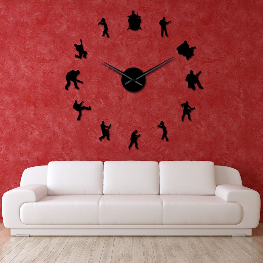 Drummer Music Rock Band DIY Giant Wall Clock Guitar Player Silhouette Decorative Large Wall Clock Guitarist Fremeless Wall Watch