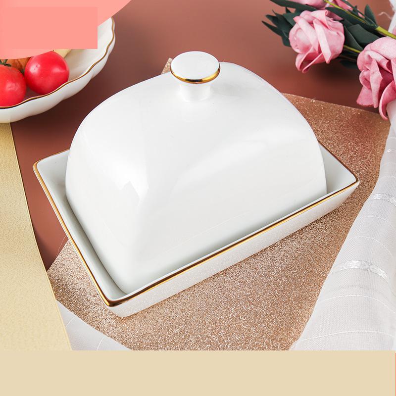 Solide hvide keramiske smørplader opbevaringsboks snackplade dessertplade med farve hvidt låg med guldkant
