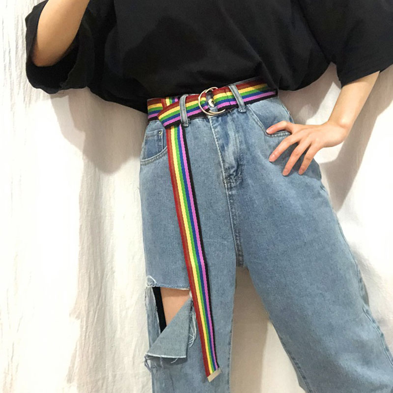 Vrouwen Mannen Canvas Riemen Multicolor Strepen D Ring Dames Lange Taille Riem Broek Jeans Student Tailleband Punk Harajuku