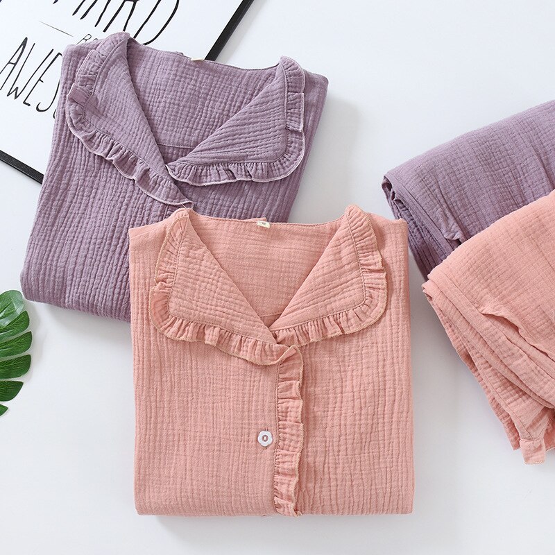 Spring Pajamas Women Long Sleeve Cotton Sleepwear Princess Style Sweet Pure Color Thin Loungewear 2 Piece Nightwear Home Suit