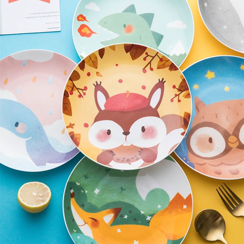 Children's Ceramic Dinner Plate Cartoon Animation Bone China Round Bowl Household Kitchen Supplies Cute Fruit Plate