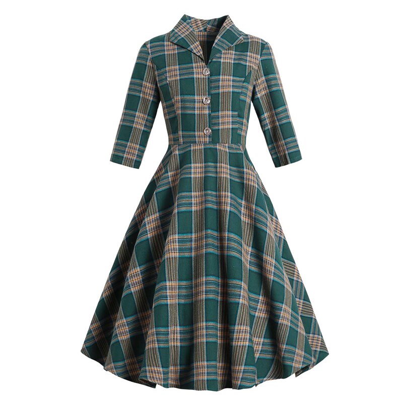 Tonval Turn-Down Kraag Button Up Groene Plaid Herfst Kleding Vrouwen Jurken Vintage Gewaad Elegante Swing Jurk Retro: L