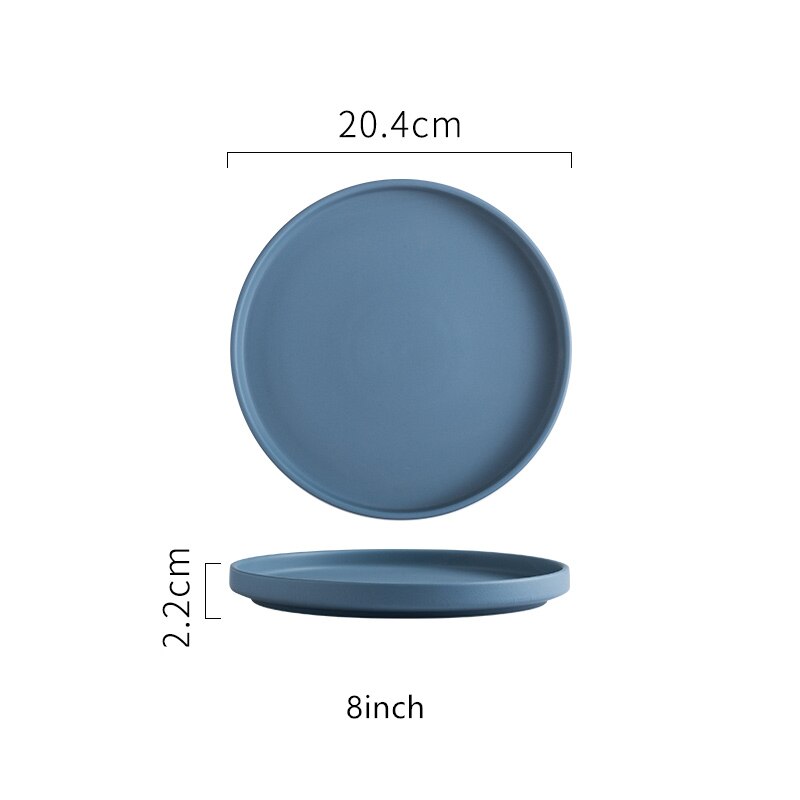 Assiette ronde créative en céramique, plateau ménager vert foncé mat, vaisselle nordique rose en céramique, assiette alimentaire occidentale pour Steak: Blue 8inch