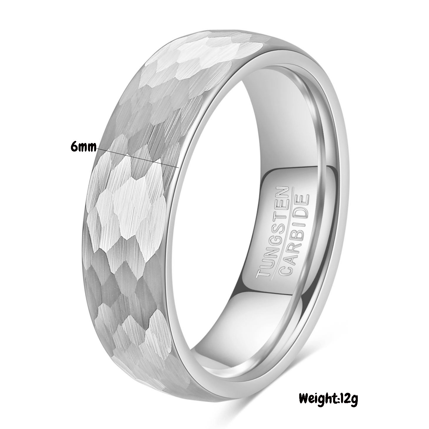 Anillos de carburo de tungsteno martillados en oro/negro/plata de 6 mm para hombres y mujeres: 11 / Plata
