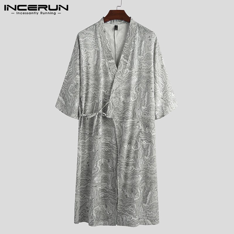 Túnicas estampadas Vintage para hombre, camisones de media manga con cuello en V y cordones, Kimono informal, ropa de noche para hombre, ropa para casa suave, albornoces de talla grande
