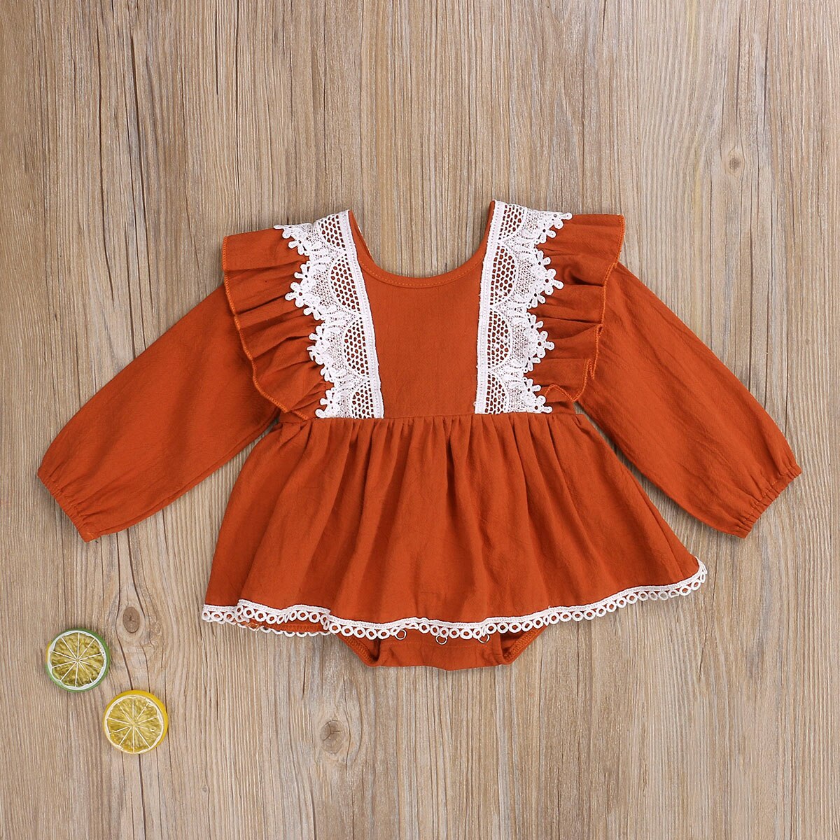 Focusnorm Herfst Mooie Baby Meisjes Jongens Romper Jurk Kant Solid Ruches Backless Jumpsuits 0-18M 2 Stijl