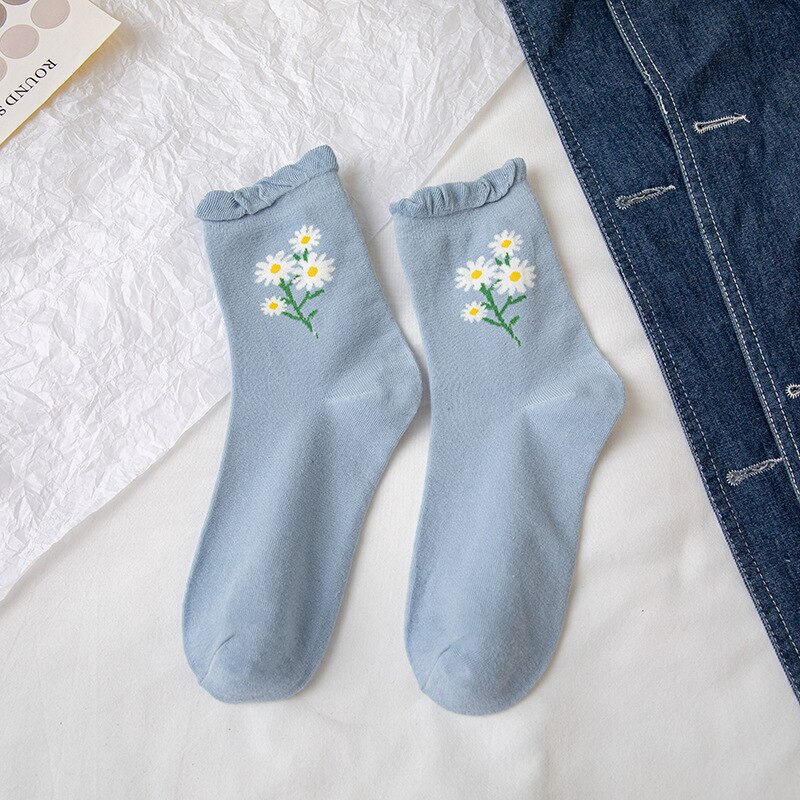 Bloemen Stroken Ruffle Sokken Vrouwen Zomer Dunne Harajuku Streetwear Crew Sokken Blauwe Bloem Print Japanse Kawaii Leuke Vrouw Sokken: 4