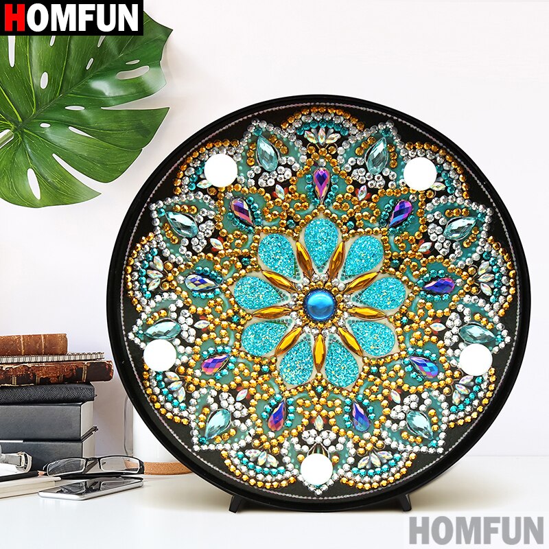Homfun diamant maleri led lampe lys mandala 5d diamant broderi landskab rhinestones diy diamant jul halloween