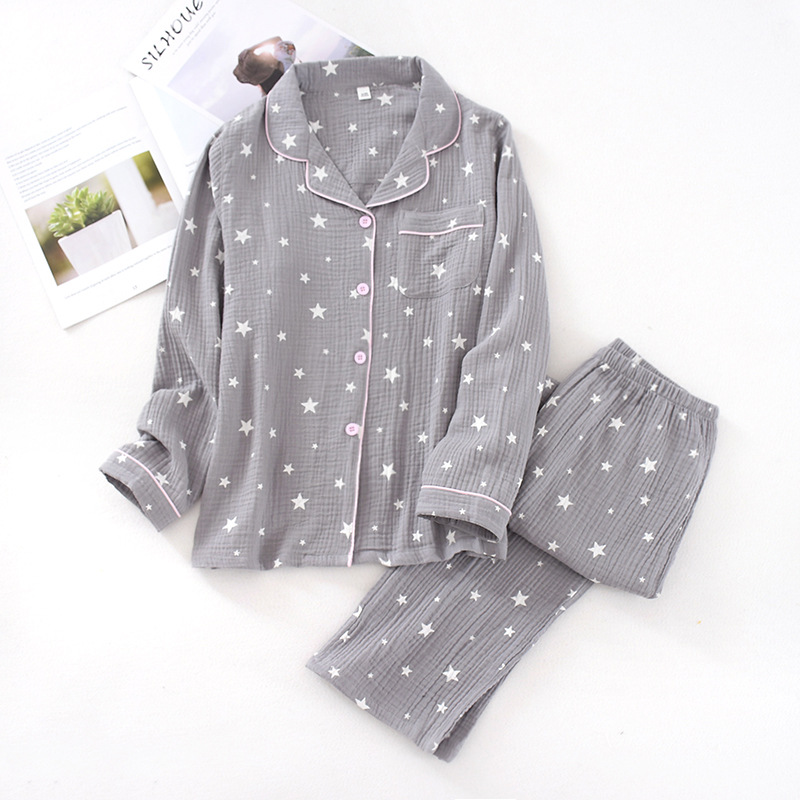Starry Sky Couples Pajamas Set Women Man Pijama Cotton Crepe Pajamas Lovers Sleepwear Night Suits Nightwear Female Male Homewear: Men grey / M