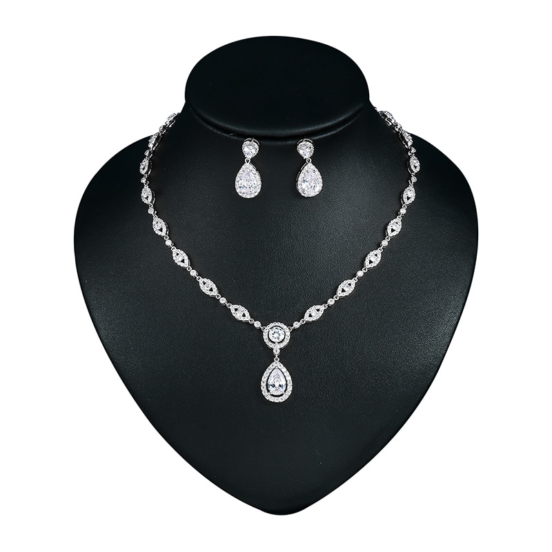WEIMANJINGDIAN Halo Teardrop and Eye Shape Cubic Zirconia Necklace Earring Wedding Jewelry Set