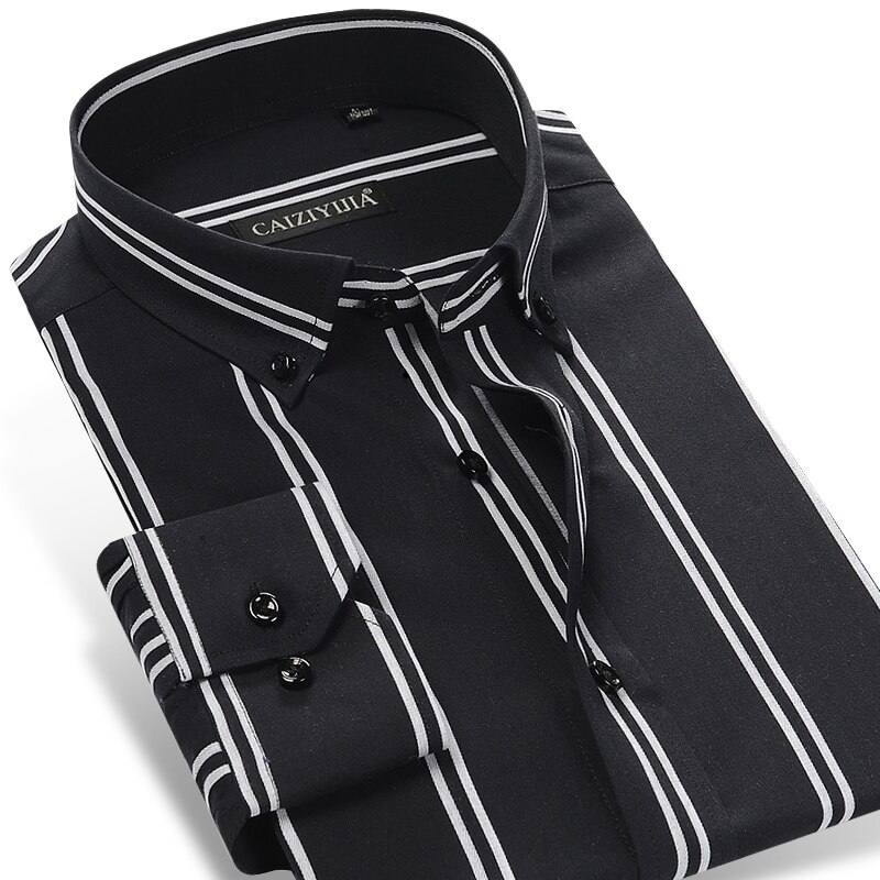 England Style Men's Button-down Striped Dress Shirts Pocket-less Long Sleeve Casual Standard-fit Cotton Shirt