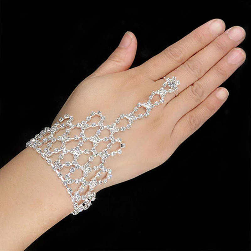 Women Rhinestones Bangles with Chain Link Ring Wristlet for Wedding Party TY66