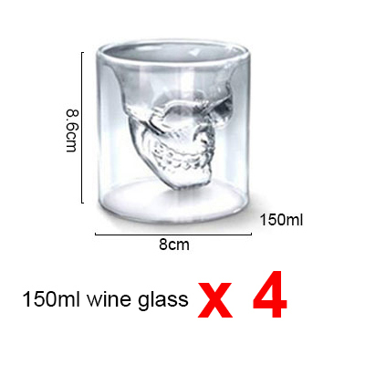 4 stk sett hodeskalle hode skudd glass kopp ølkrus vinglass krystall whisky vodka kaffekopp 25 75 150 250ml flaske bar forsyninger: 150ml x 4 stk