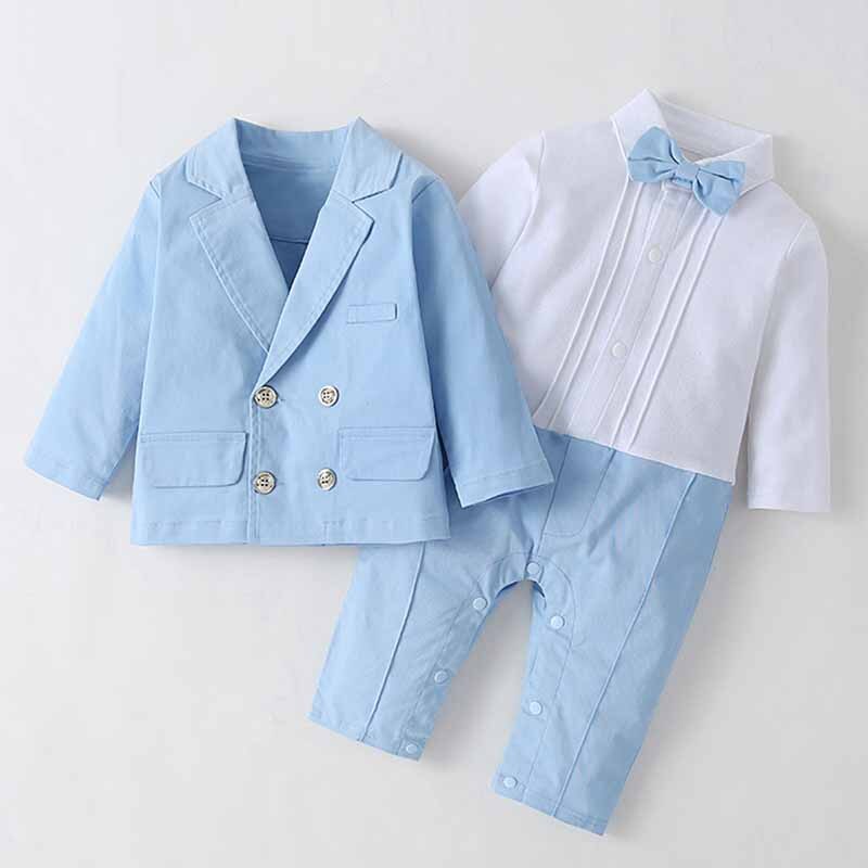 Født drenge babytøj herre butterfly blåt jakkesæt sæt baby langærmet jumpsuit dreng børn rompers+frakke gifte kjoler
