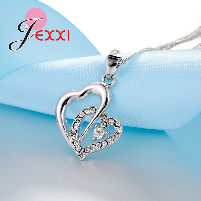 Conjunto de joyas de plata esterlina 925 bonito amor doble cruz y corazón bonito de mujer con circonita cúbica brillante para mujer