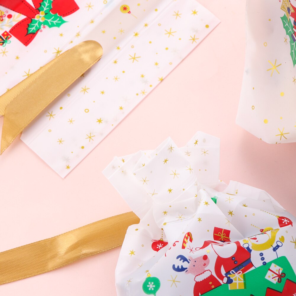 5PCS Plastic Candy Wrap Package Christmas Cookie Drawstring Bags Storage Pouches Baking Stocking Container Party Supplies
