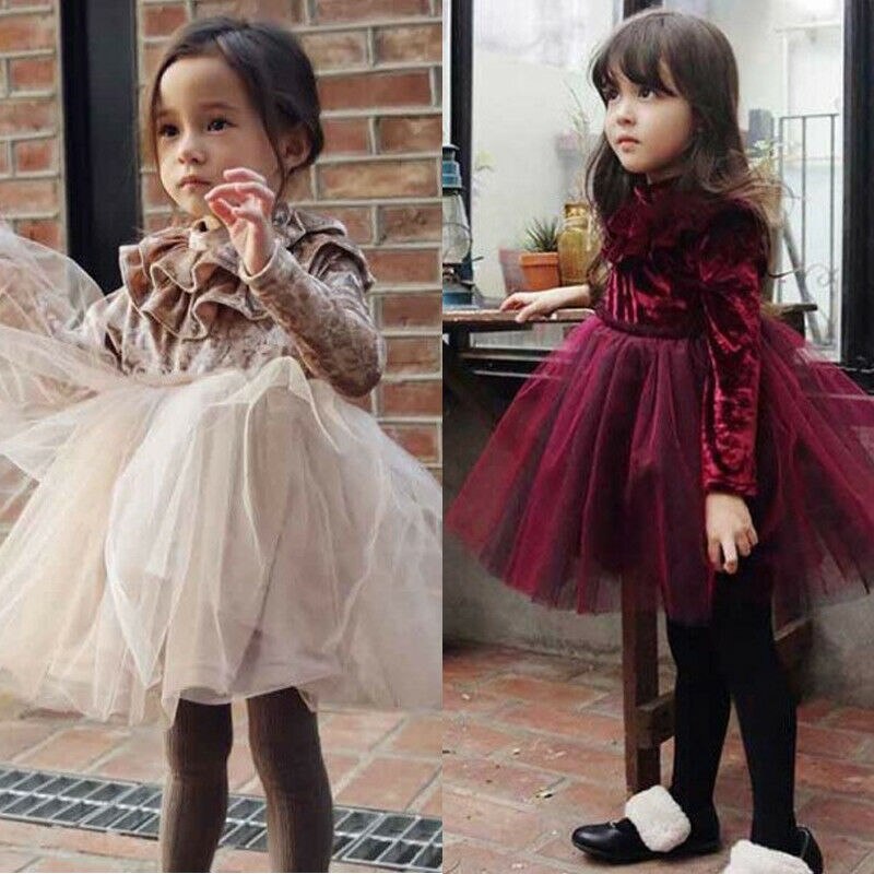 Prinsessa barn bebis flickor klänning sammet fleece festklänning volang tyll tutu klänning 1-6t