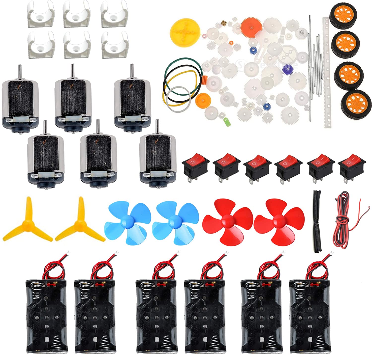 6- sæt jævnstrømsmotorsæt hjemmelavet diy-projektsæt: dc-motorer, gear, propeller, aa-batterikasse, kabler, switch til diy science-projekter