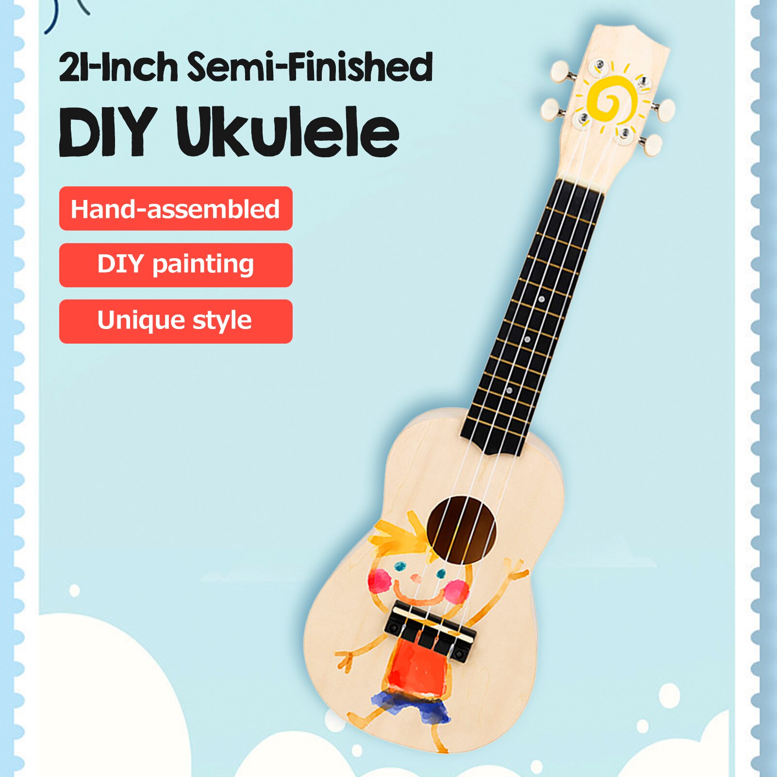 21-Inch DIY Ukulele Instrument Semi-Finished Ukulele Kit DIY Painting Ukulele Kit Unfinished Ukulele Set