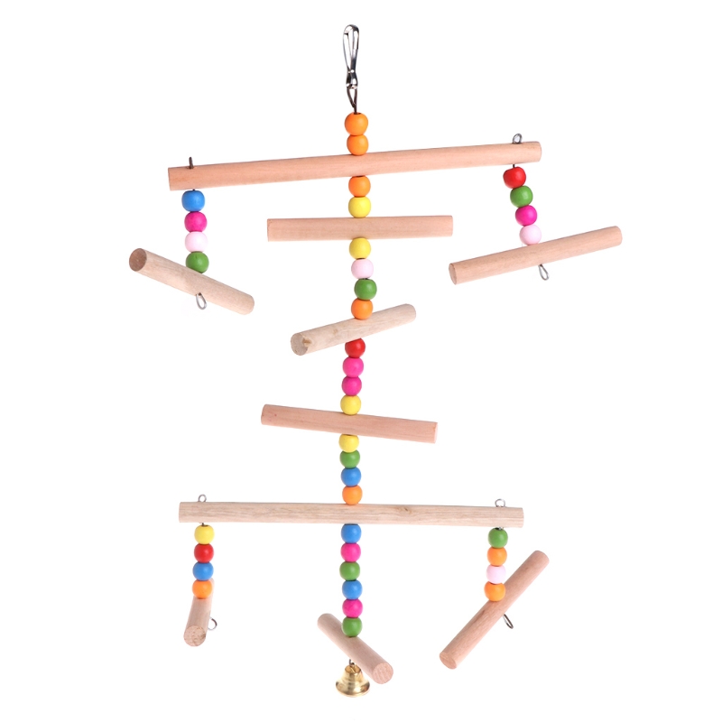 Parrot Perch Multi Layer Swing Bell Toys Wooden Hanging Cage Birds Pets
