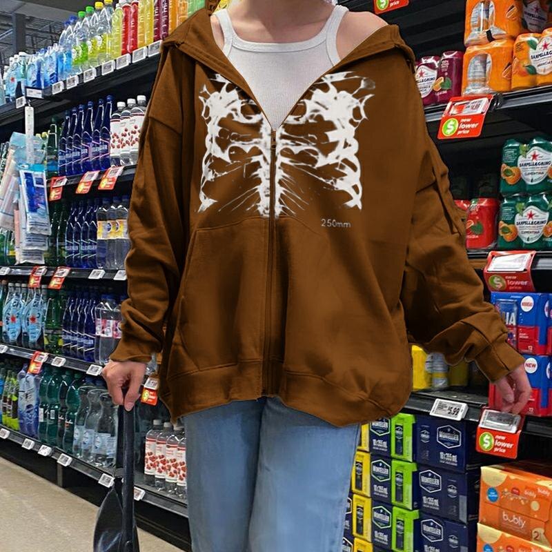 Y2K Esthetische Skull Gothic Jas Vrouwen Hooded Sweater Skelet Print Lange Mouwen Vintage Vest Met Trekkoord Zak