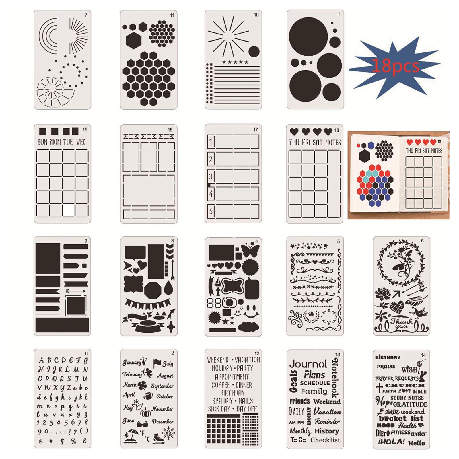 18 Pcs Plastic Stencils - 4" x 7" Plastic Planner Stencils Drawing Templates Set for Notebook, Diary, DIY Scrapbook