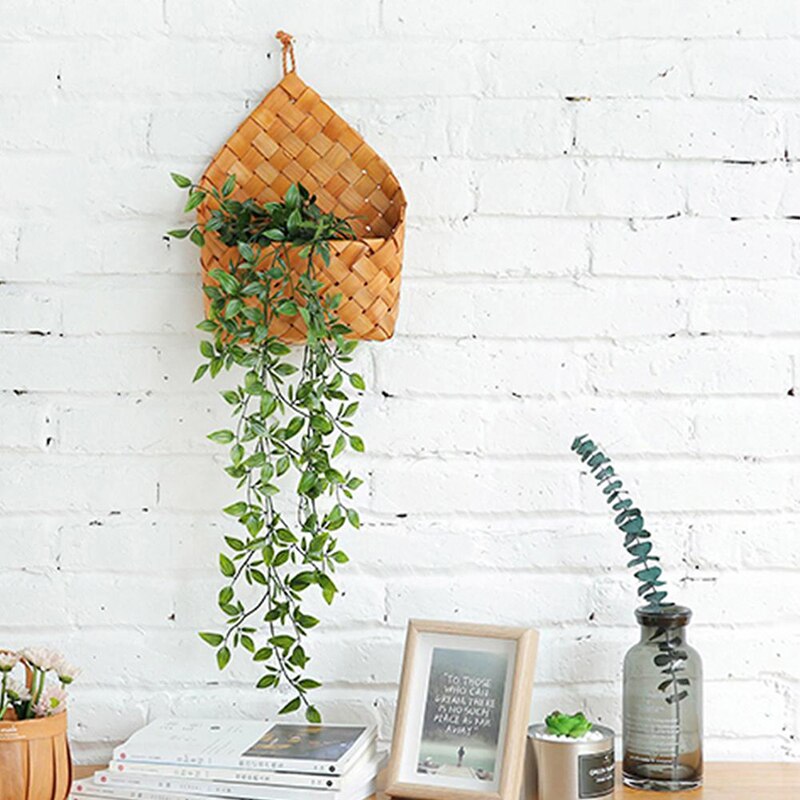 Væg blomsterplantemaskine hængende håndvævet flet kurv træ opbevaring rattan kurv bærbar væghængende blomsterkurv arrangør