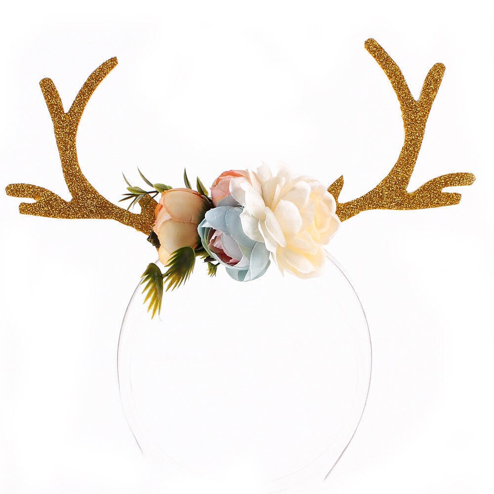 Diadema navideña para niña y mujer, disfraz cuernos de ciervo y flores, diadema para orejas, diadema para , vacaciones, novedad de Navidad: Caqui oscuro